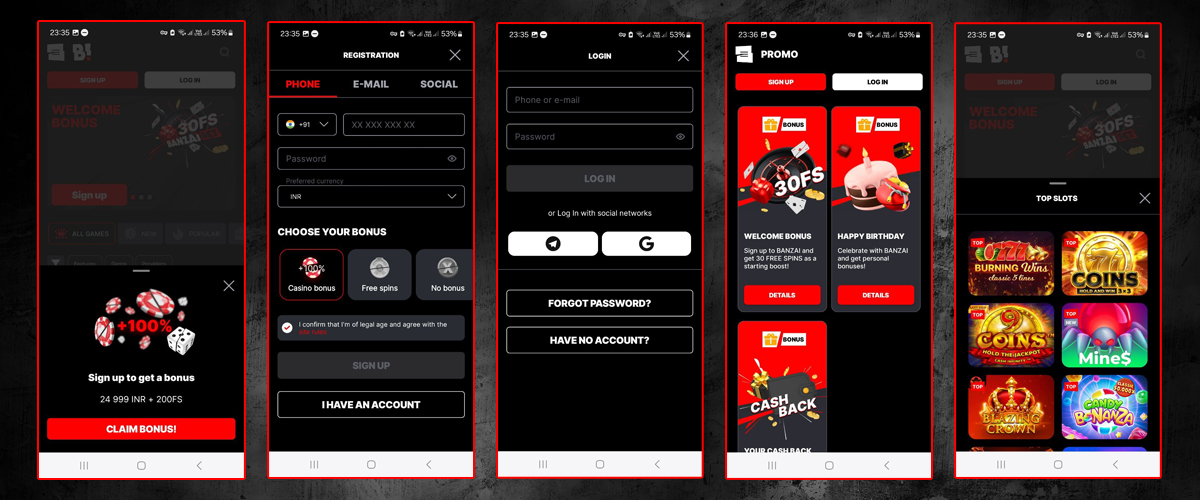 Screenshots of the main screens of Banzai Bet mobile application
