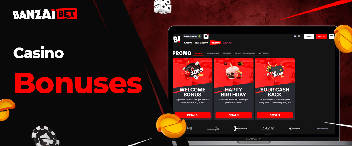 Bonuses available to Banzai Bet users in the online casino section
