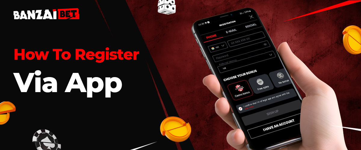 Step-by-step instructions for registering a new account in the Banzai Bet app 
