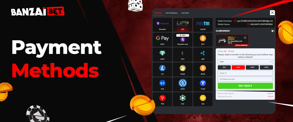 Making a deposit and withdrawing funds won at Banzai Bet