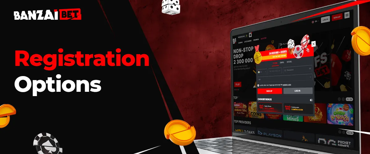 Registration options at Banzai Bet India online casino site